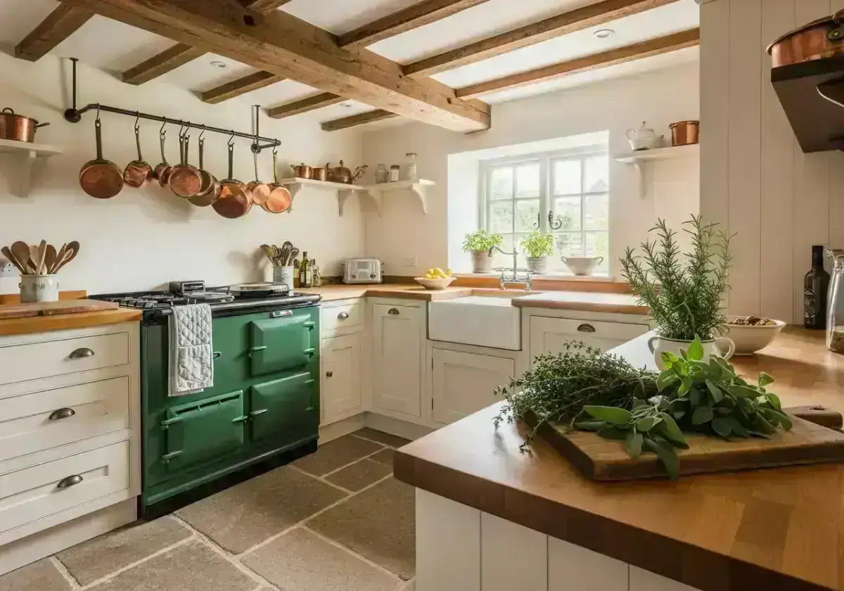 Warm British farmhouse kitchen with cream shaker cabinets, green Aga range, stone floor and wooden beams — the quality standard Full Bed Hosts brings to every property