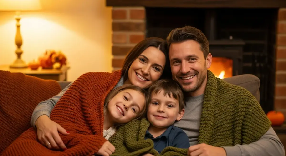 Happy family snuggled together in a cosy UK holiday cottage by the fireside
