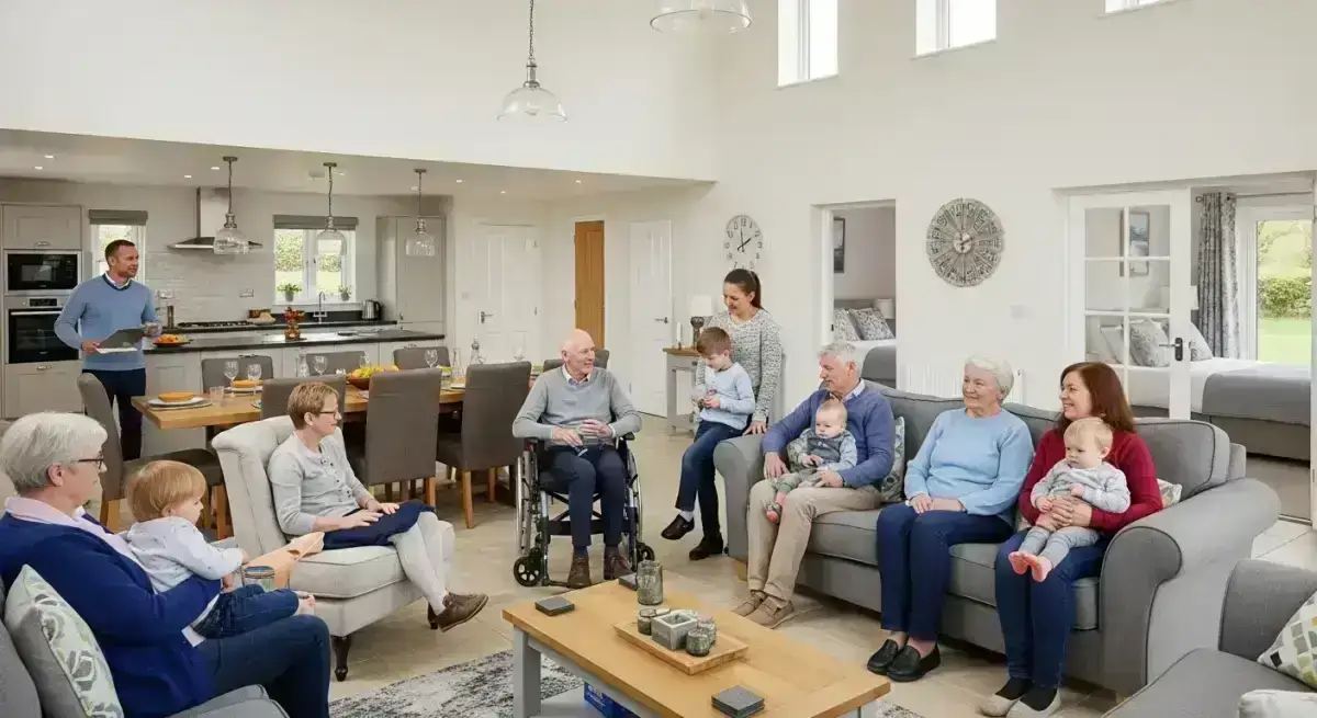 Multi-generational family relaxing together in a spacious holiday cottage