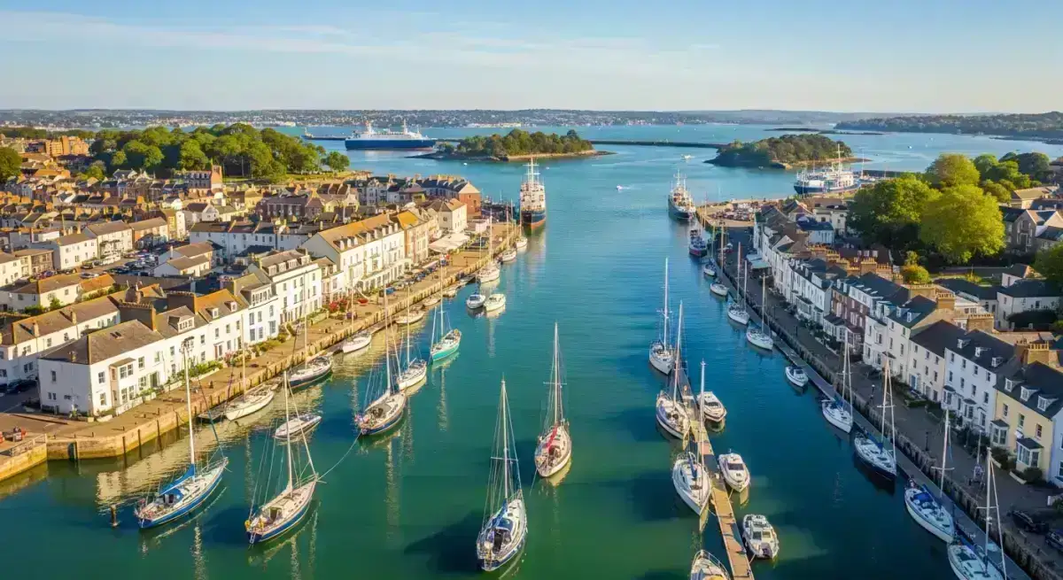 Aerial view of Poole Harbour in Dorset with sailing boats moored along the sunlit quayside