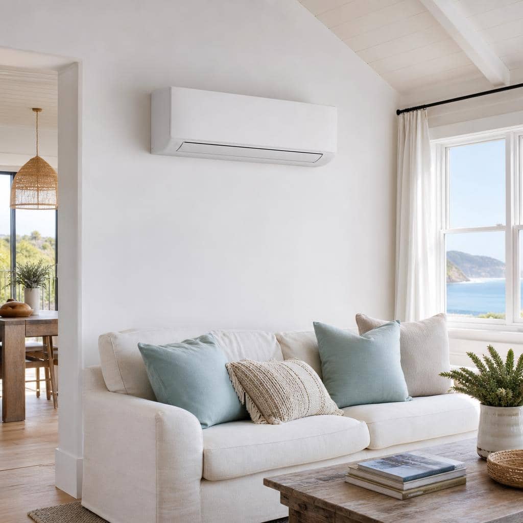 Modern wall-mounted air conditioning unit in a bright holiday cottage interior