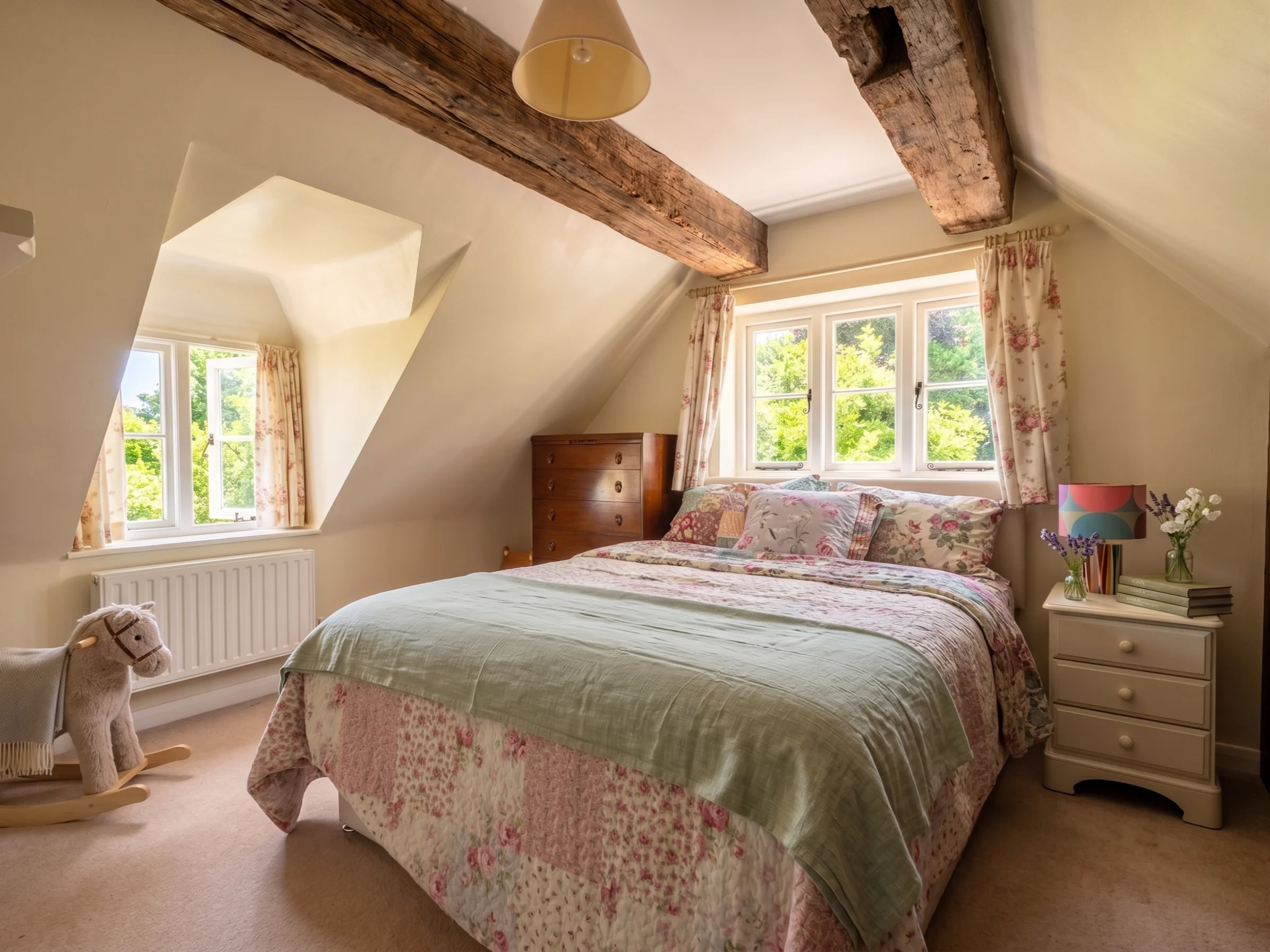 Attic bedroom with floral curtains and countryside views