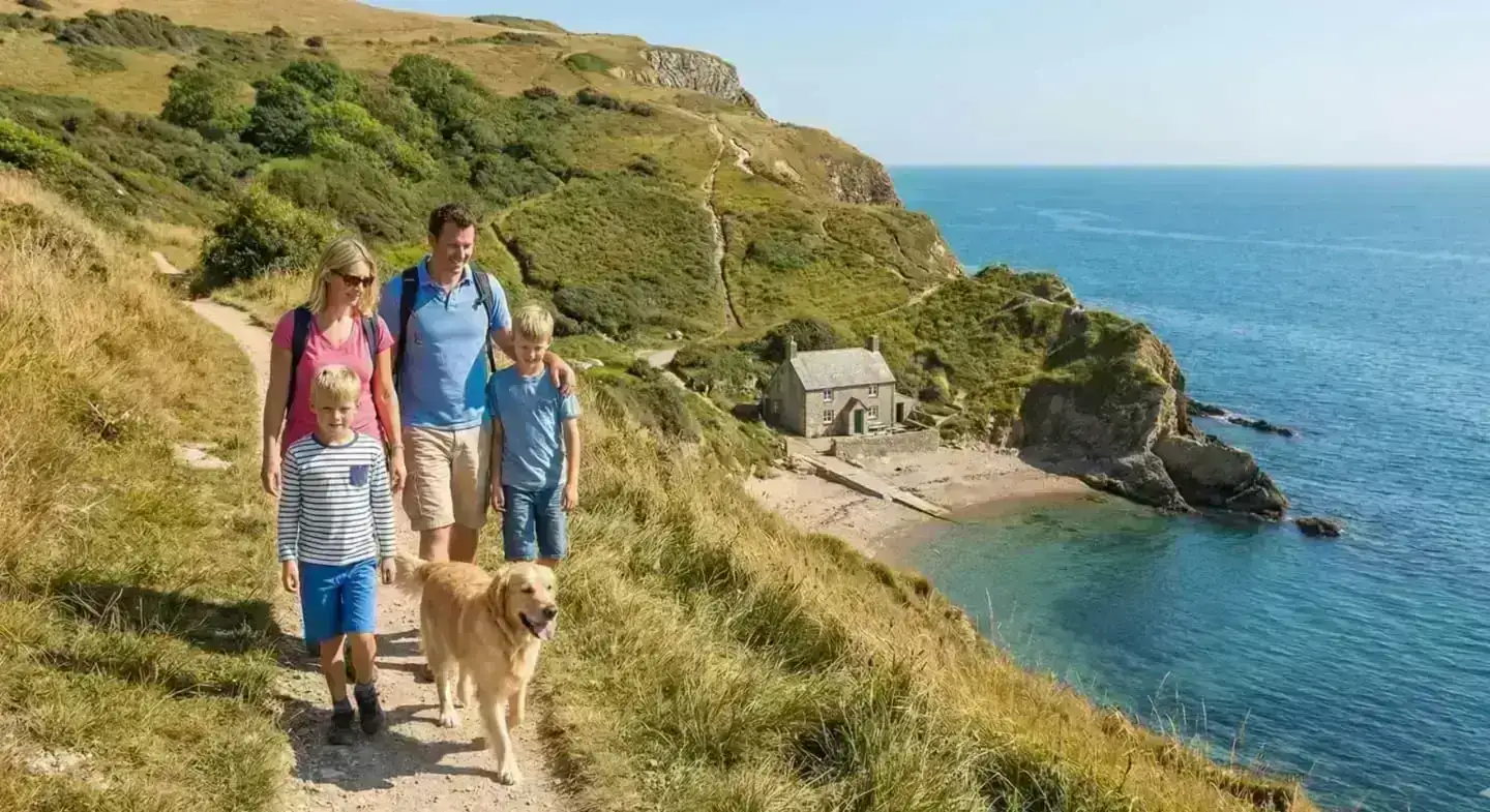 Family walking their dog on a coastal path — pet-friendly holiday let