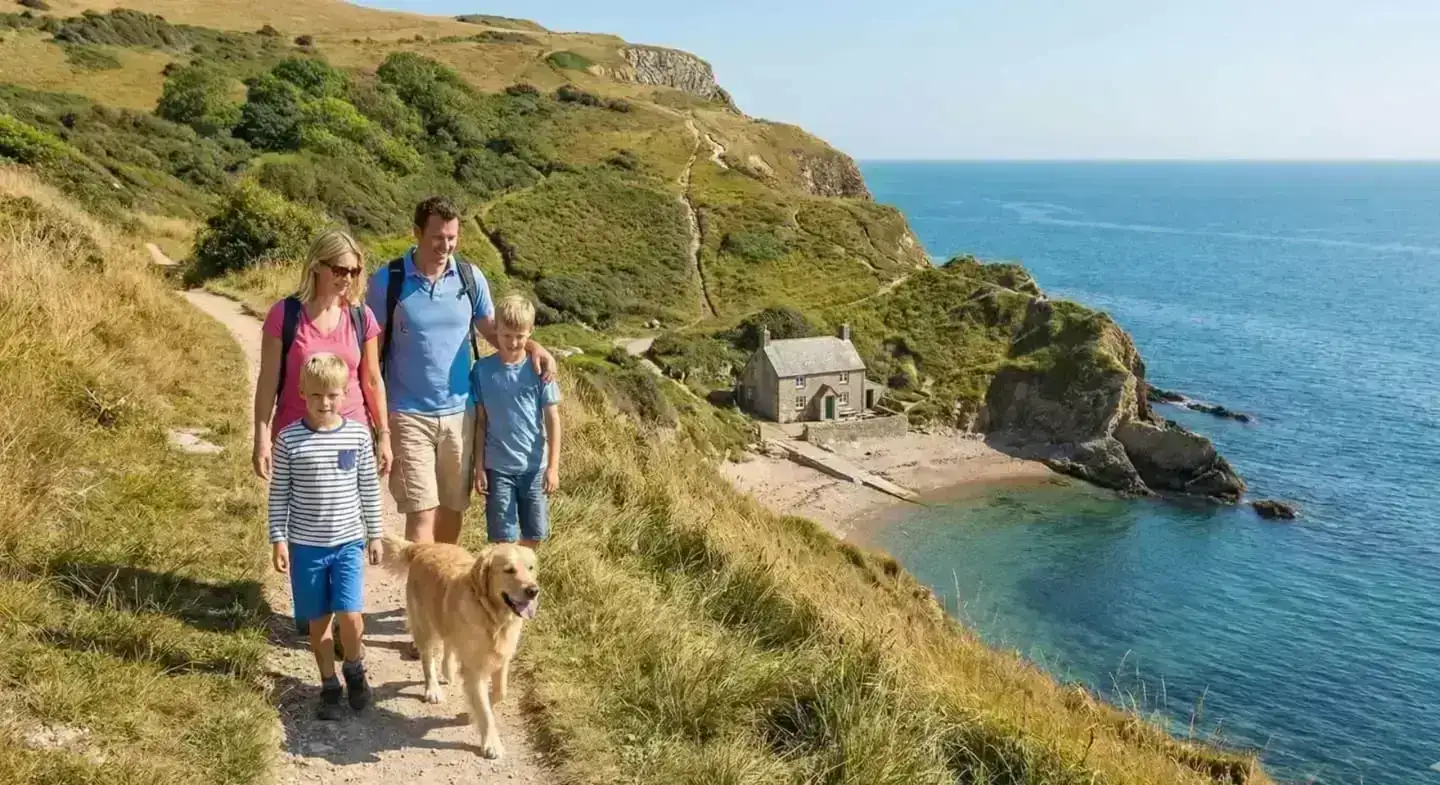 Family walking their dog on a coastal path — pet-friendly holiday accommodation in Dorset