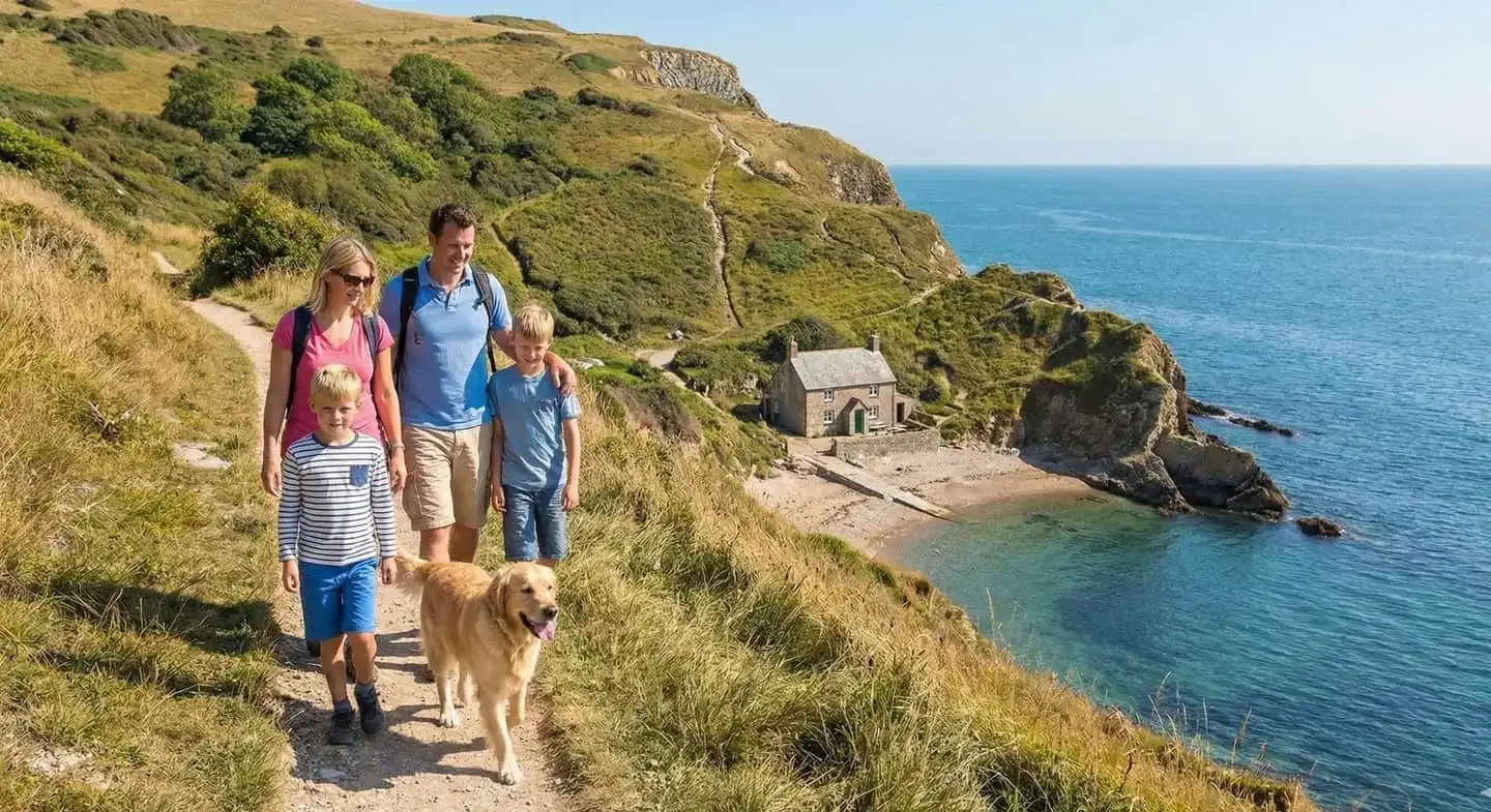 Family walking their dog on a coastal path — pet-friendly holiday let