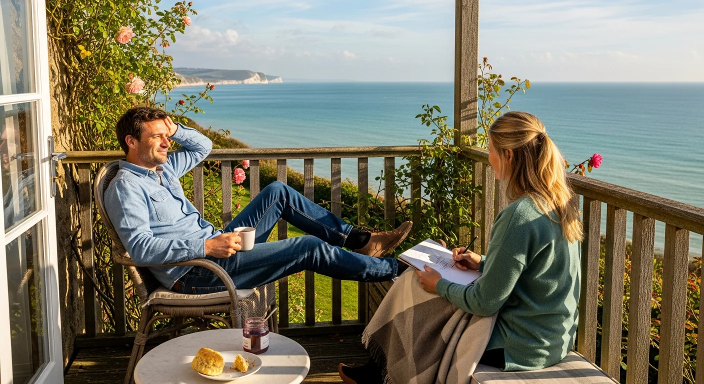 A couple enjoying the view from a coastal holiday let balcony
