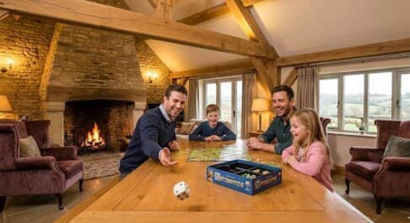 Cosy holiday let living area with board games and soft furnishings