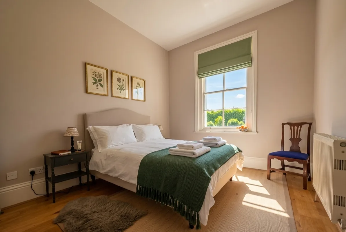 Sunlit cottage bedroom with green throw and folded towels