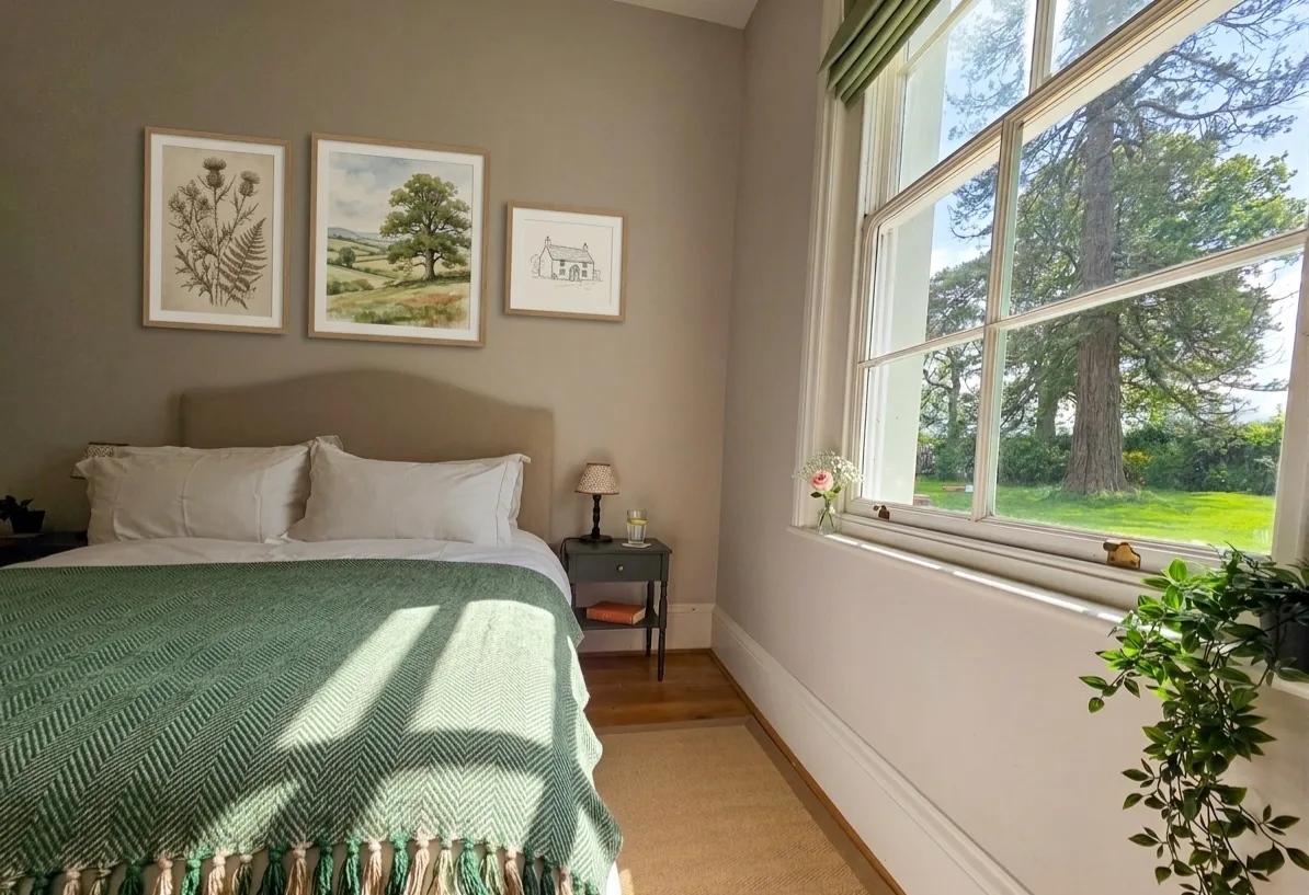 Cottage bedroom with green throw and tree view