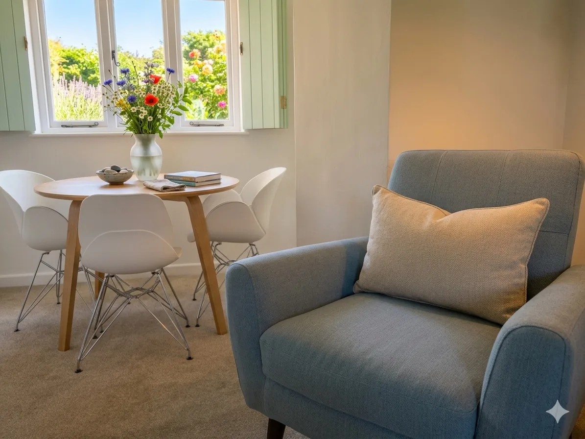 Cottage dining nook with garden view through the window