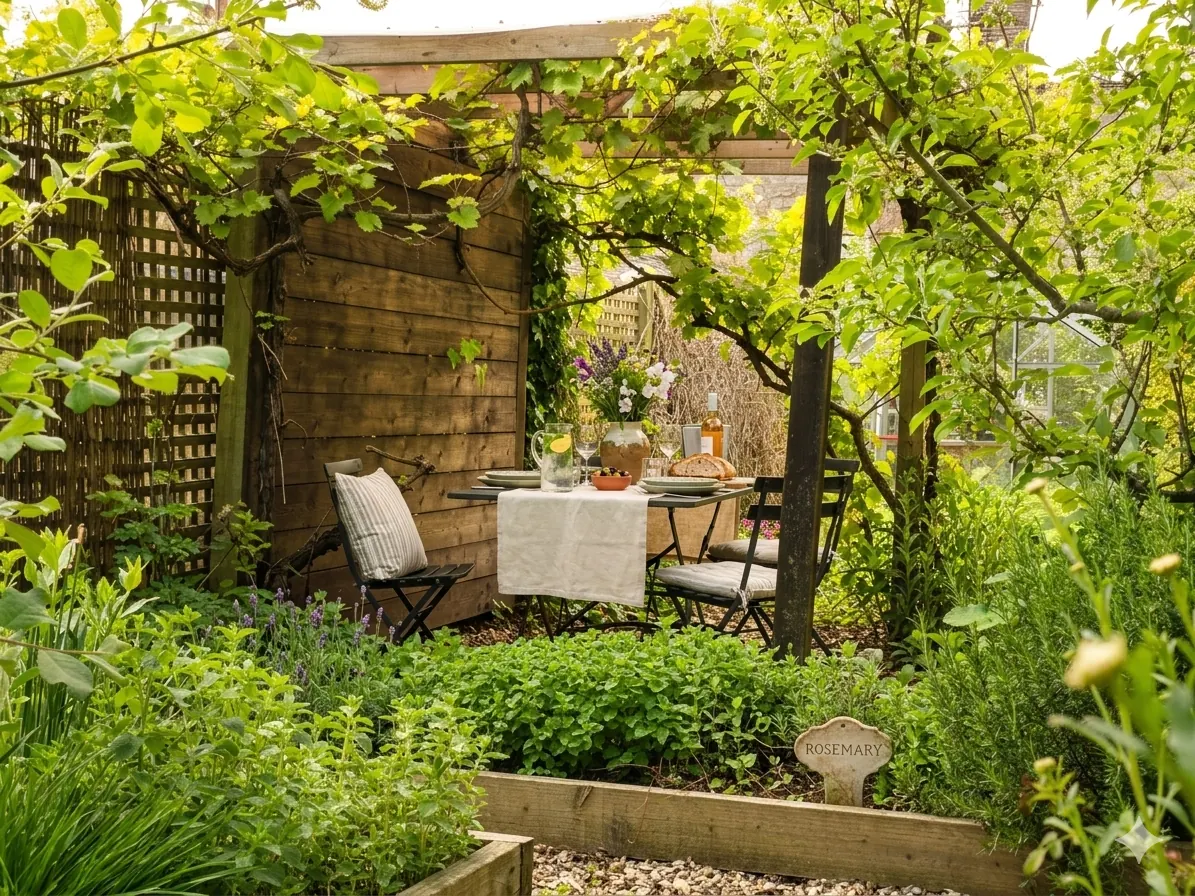 Garden pergola dining area surrounded by lush greenery