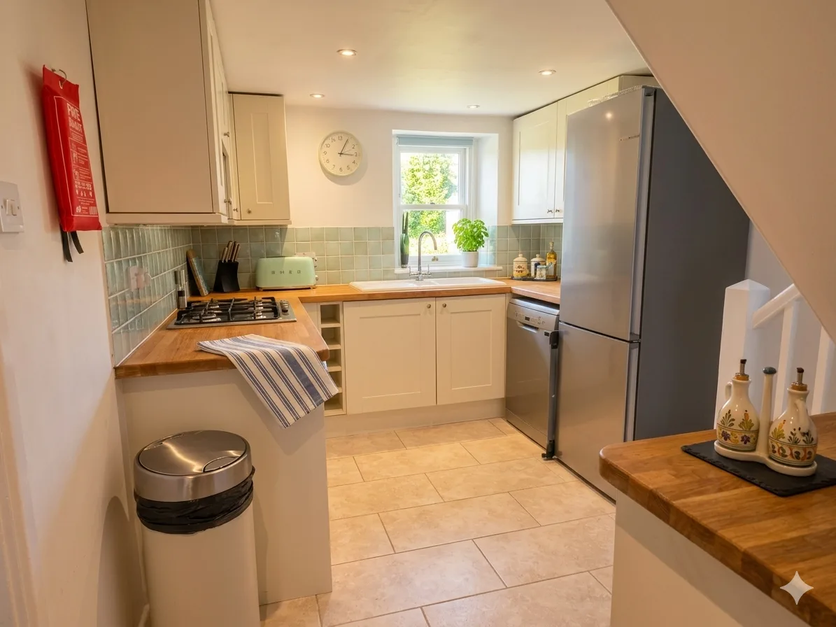 Cream shaker kitchen with countryside window view