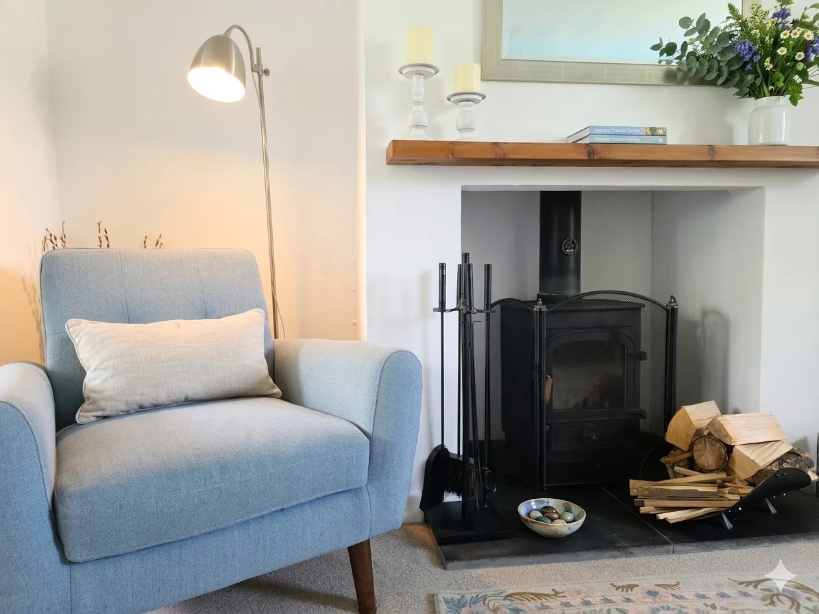 Cosy holiday cottage living room with wood burning stove