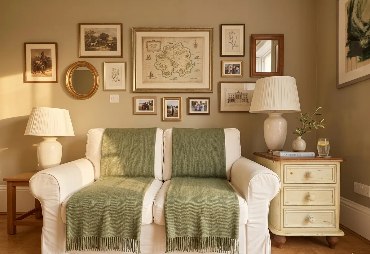 Cottage lounge with gallery wall and cosy throws