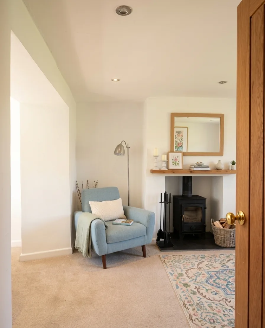 Cosy reading nook with wood burning stove and armchair
