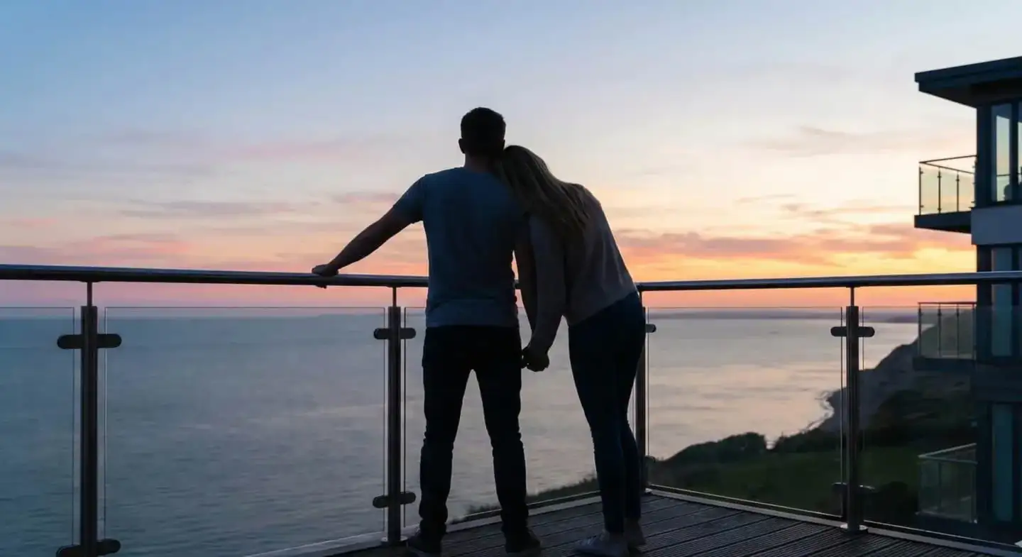 Couple relaxing on a holiday cottage balcony at sunset — holiday let management by Full Bed Hosts across Dorset, the New Forest and Salisbury