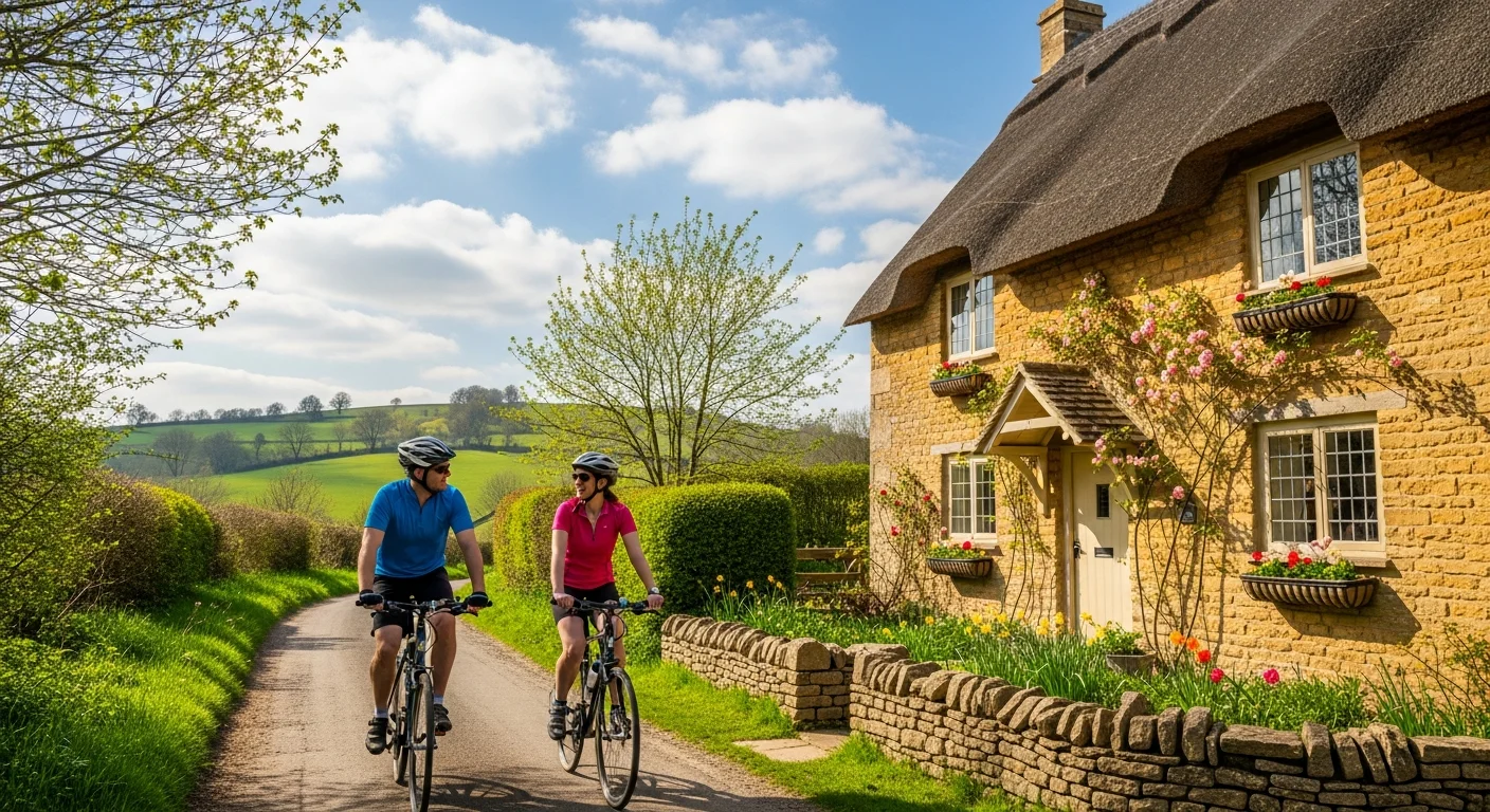 Couple cycling past a holiday cottage in the English countryside