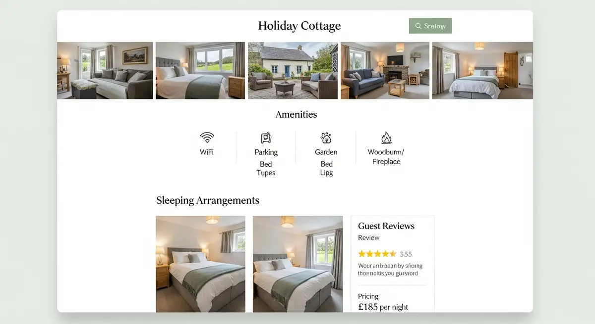 Property details page showing photo gallery, amenities, sleeping arrangements, guest reviews, and local area guide