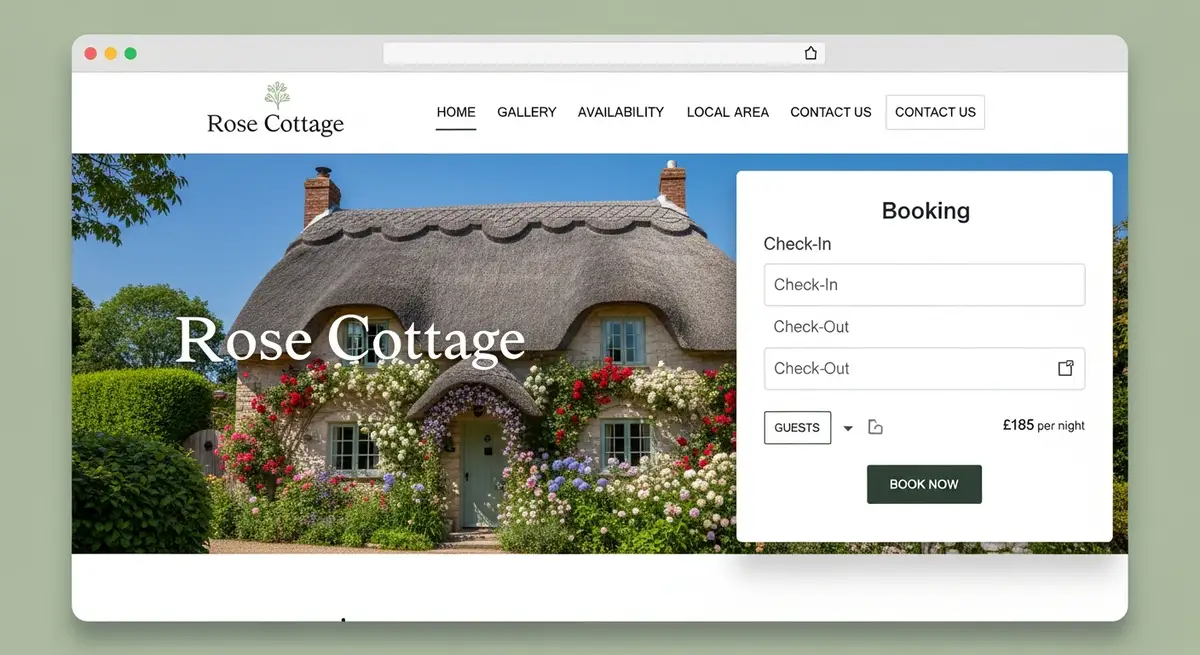 Direct booking website hero page showing property gallery, booking widget, and availability calendar for a Dorset holiday cottage