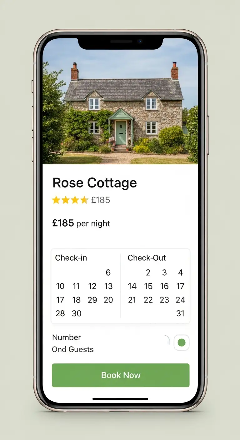 Mobile-responsive direct booking website showing property gallery, date picker, and secure checkout on a smartphone