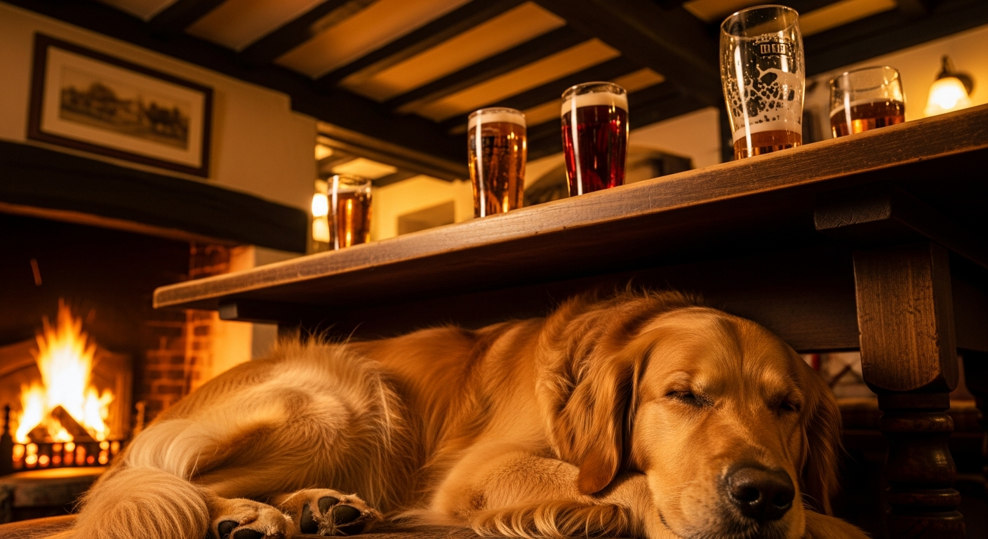 A dog relaxing inside a cosy traditional English country pub