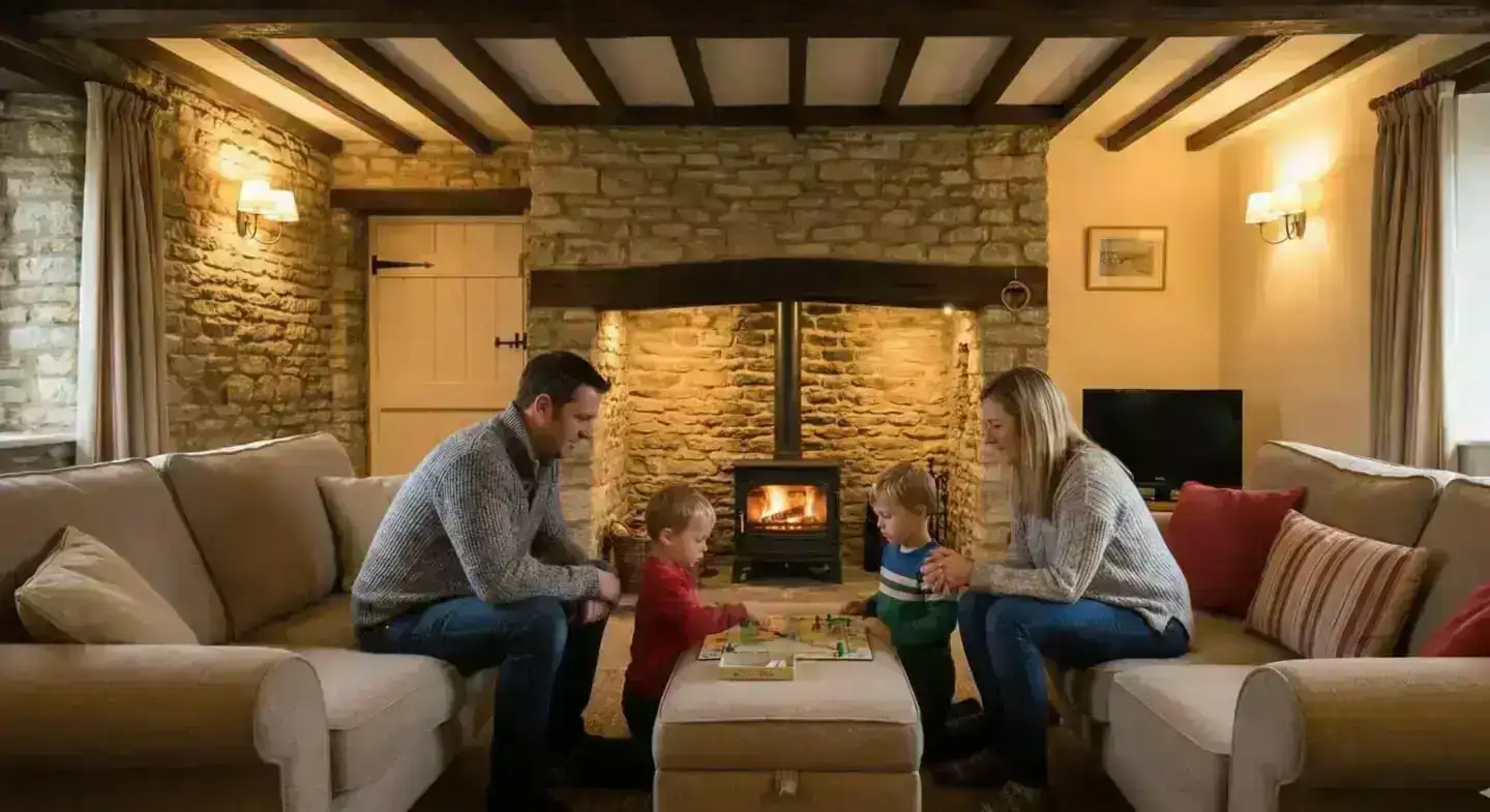 Family relaxing by a woodburner in a professionally managed Dorset holiday cottage