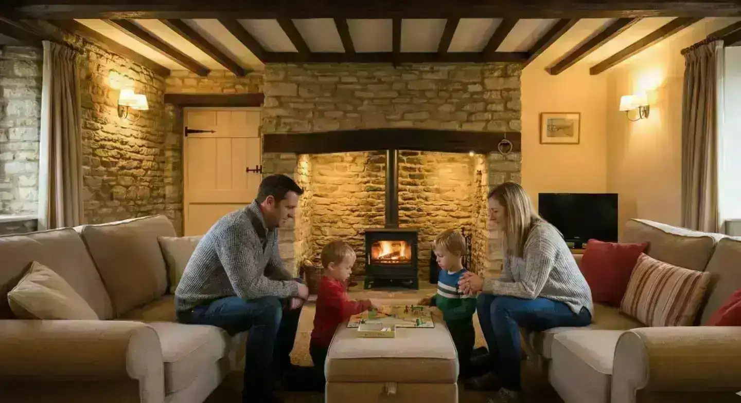 Family enjoying a cosy fireside stay in a holiday cottage