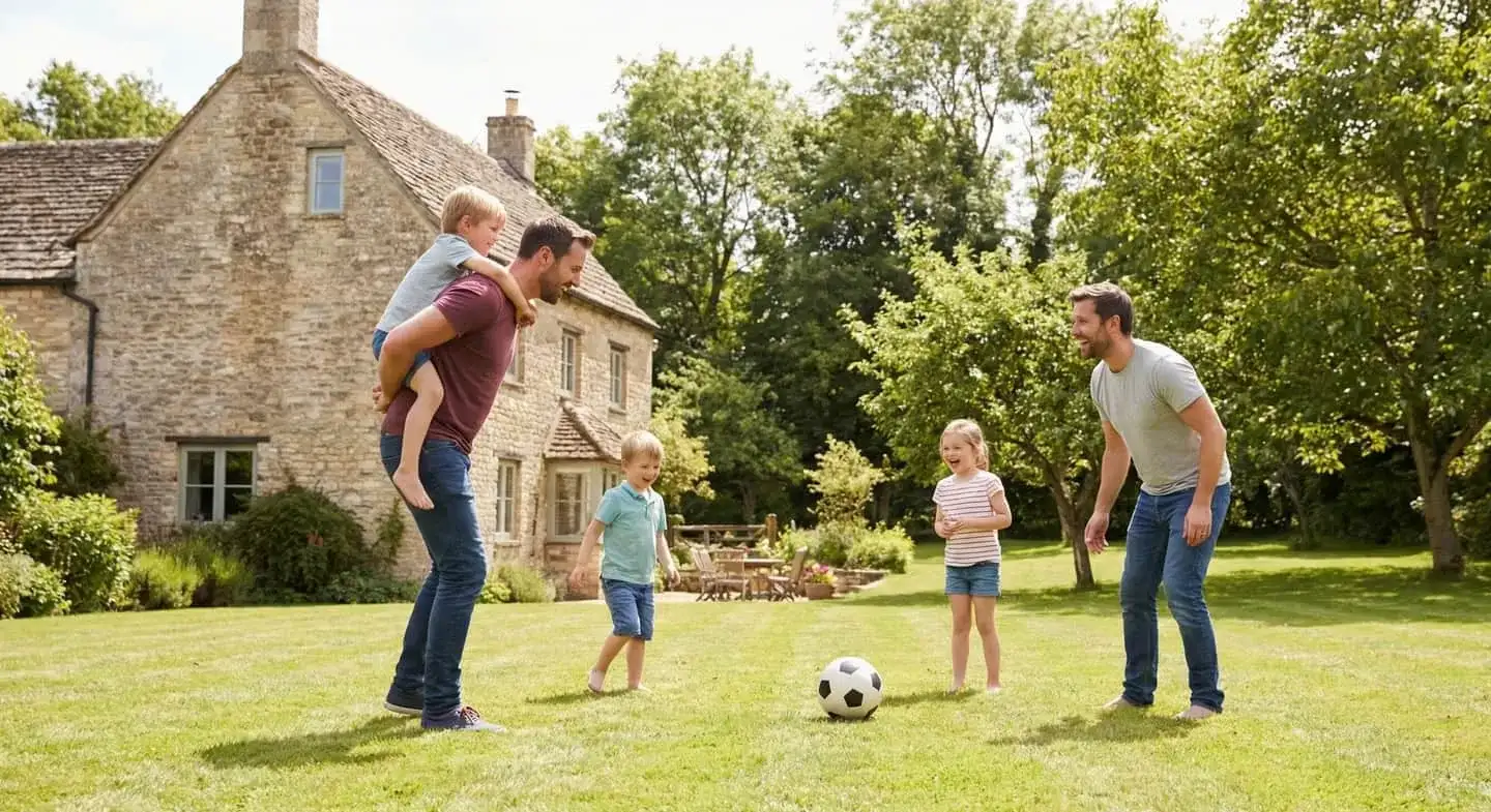 Family playing football in the sunny garden of a beautiful stone holiday cottage