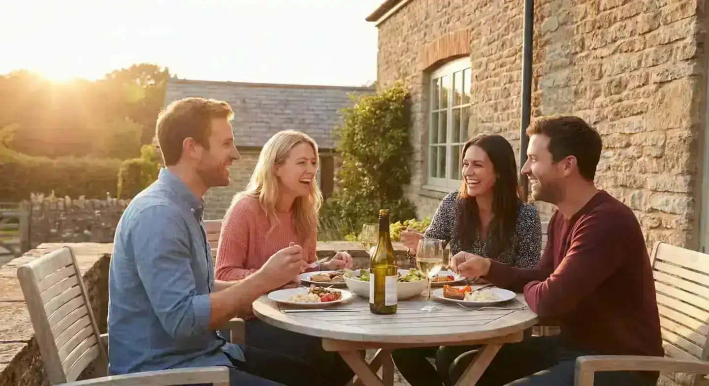 Friends enjoying a warm alfresco dinner at a Dorset stone barn cottage at golden hour