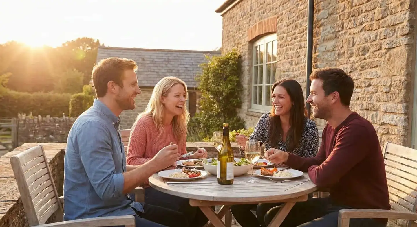 Friends enjoying alfresco dining at a holiday let