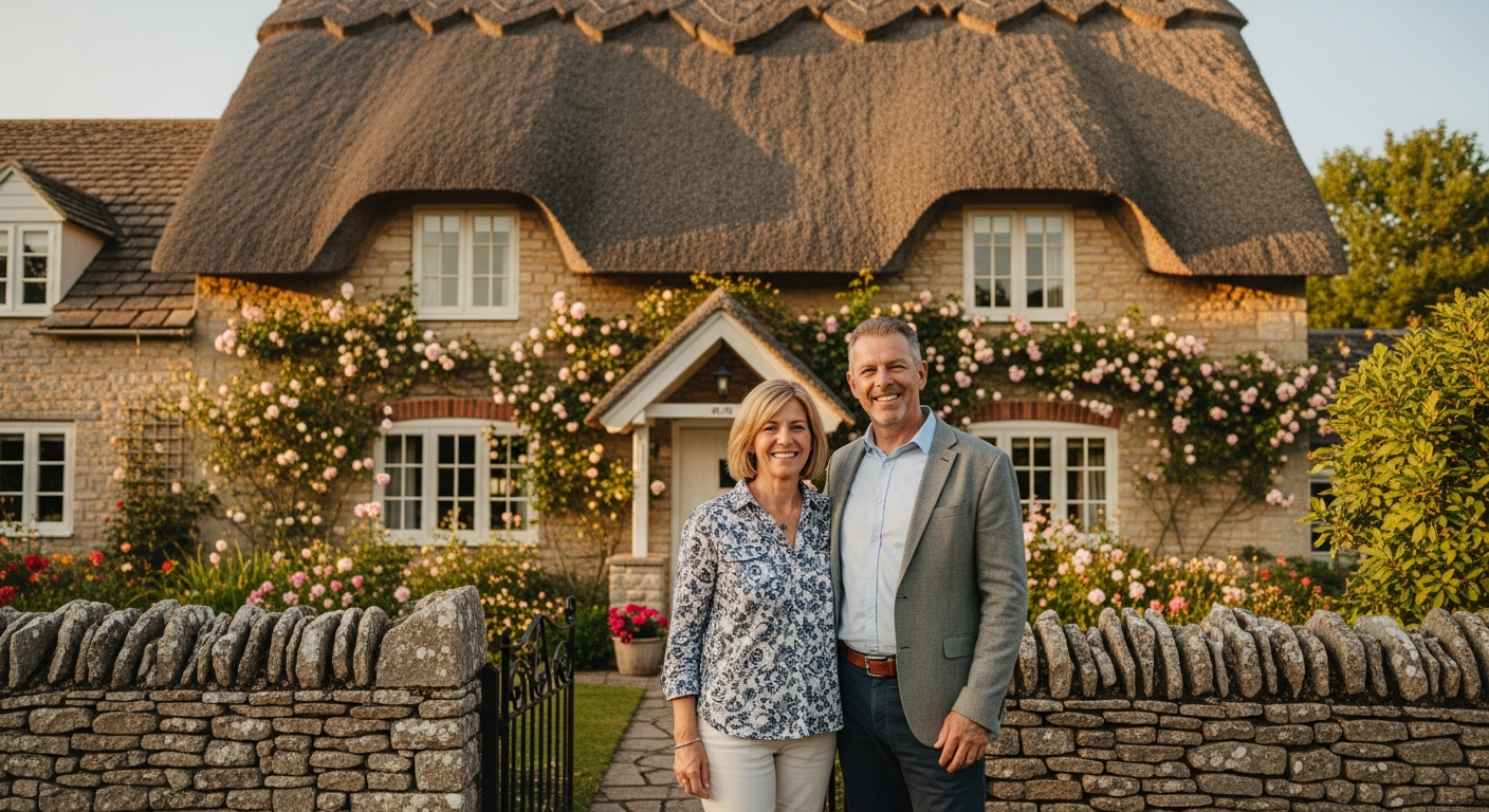 Happy property owners in front of their holiday cottage
