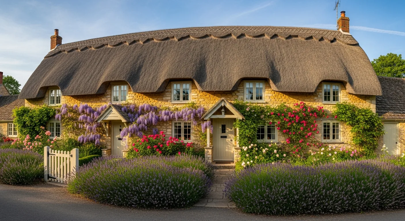 A traditional thatched holiday cottage in Dorset, covered in wisteria and roses in summer bloom