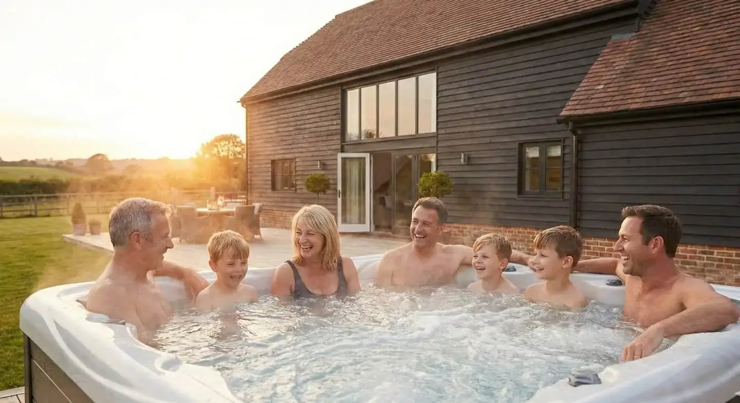 Happy family relaxing together in a hot tub at sunset by a UK barn conversion holiday let