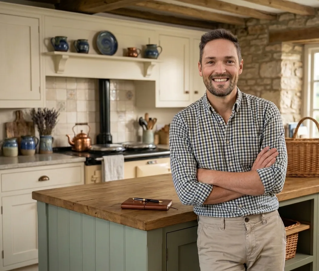 James Druce, Founder and Director of Full Bed Hosts, leaning on a cottage kitchen island