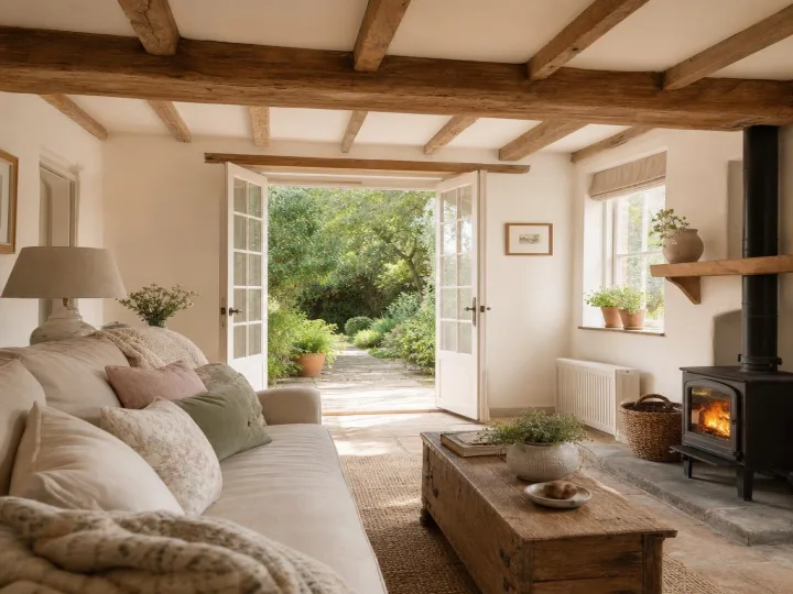 Cosy New Forest cottage lounge with open French doors overlooking garden, holiday rental