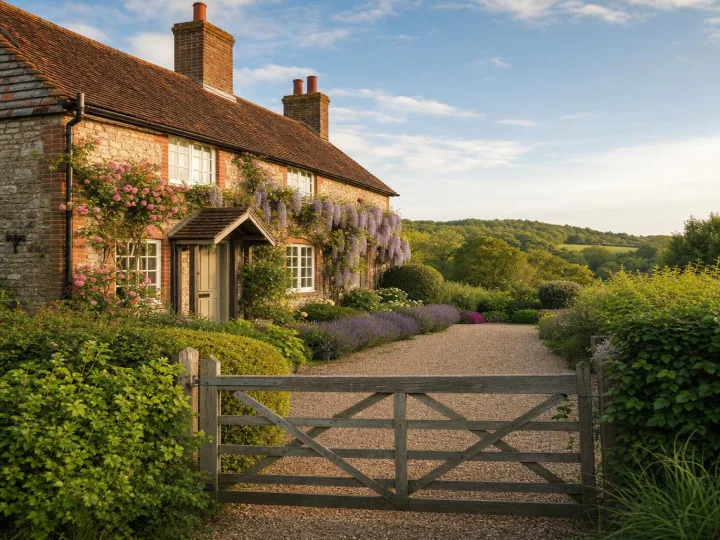 New Forest holiday cottage exterior with cottage garden and countryside views, Dorset holiday let