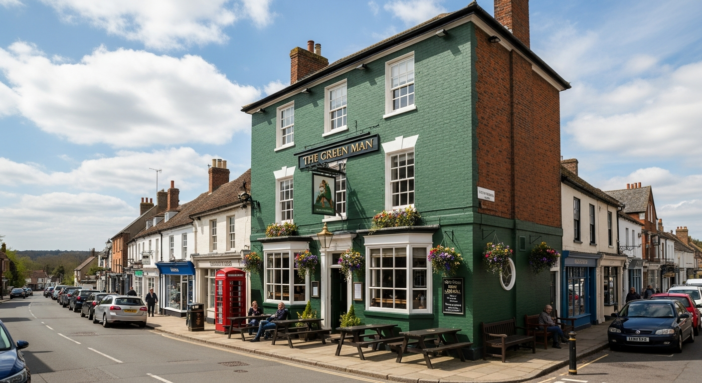 A traditional English market town pub exterior in Lyndhurst, New Forest