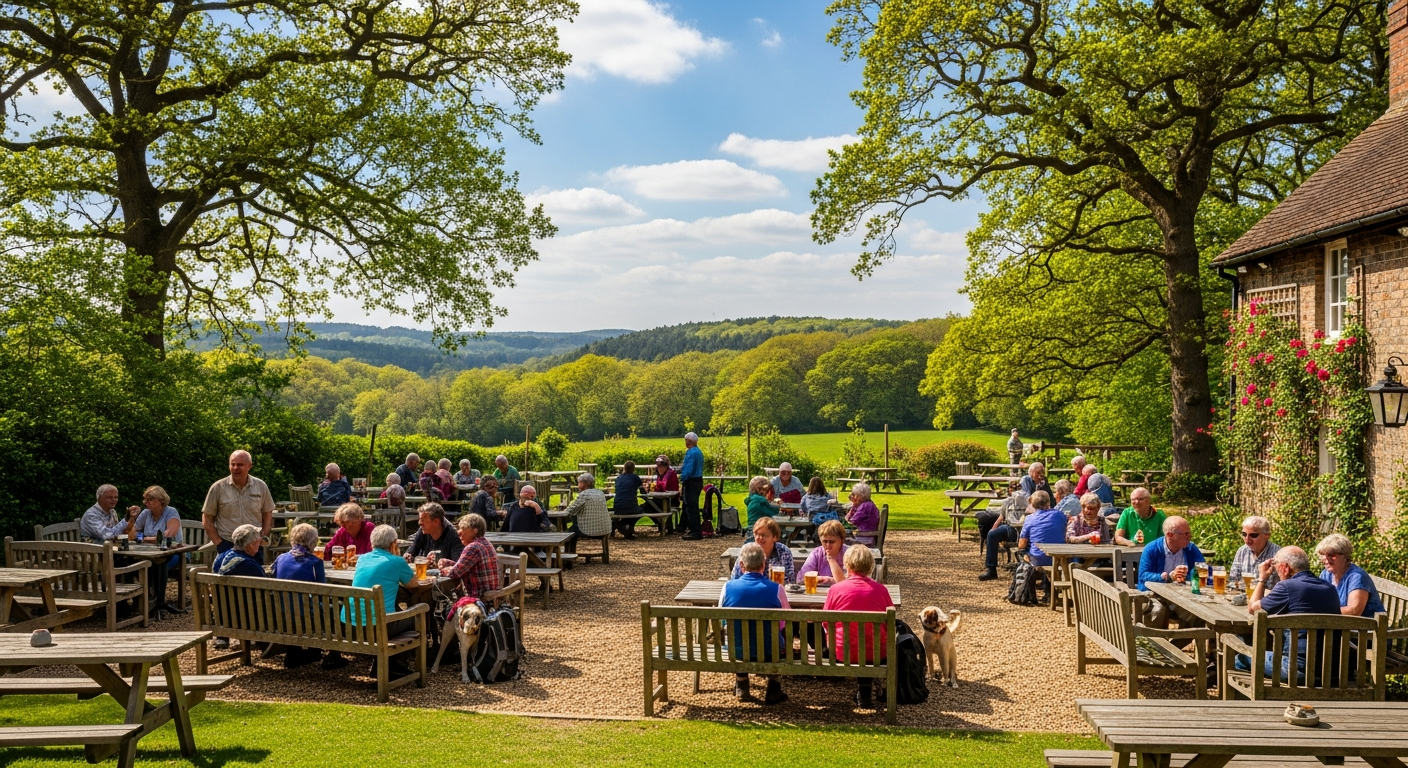 An informal English country pub beer garden with wooden benches and a relaxed atmosphere