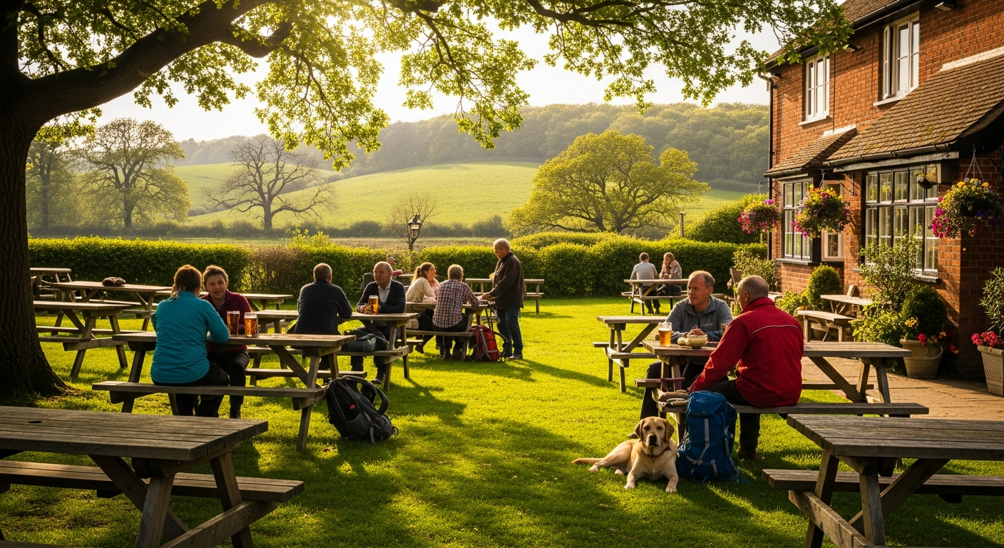 A traditional English pub beer garden on a sunny summer afternoon with a dog at the owner's feet