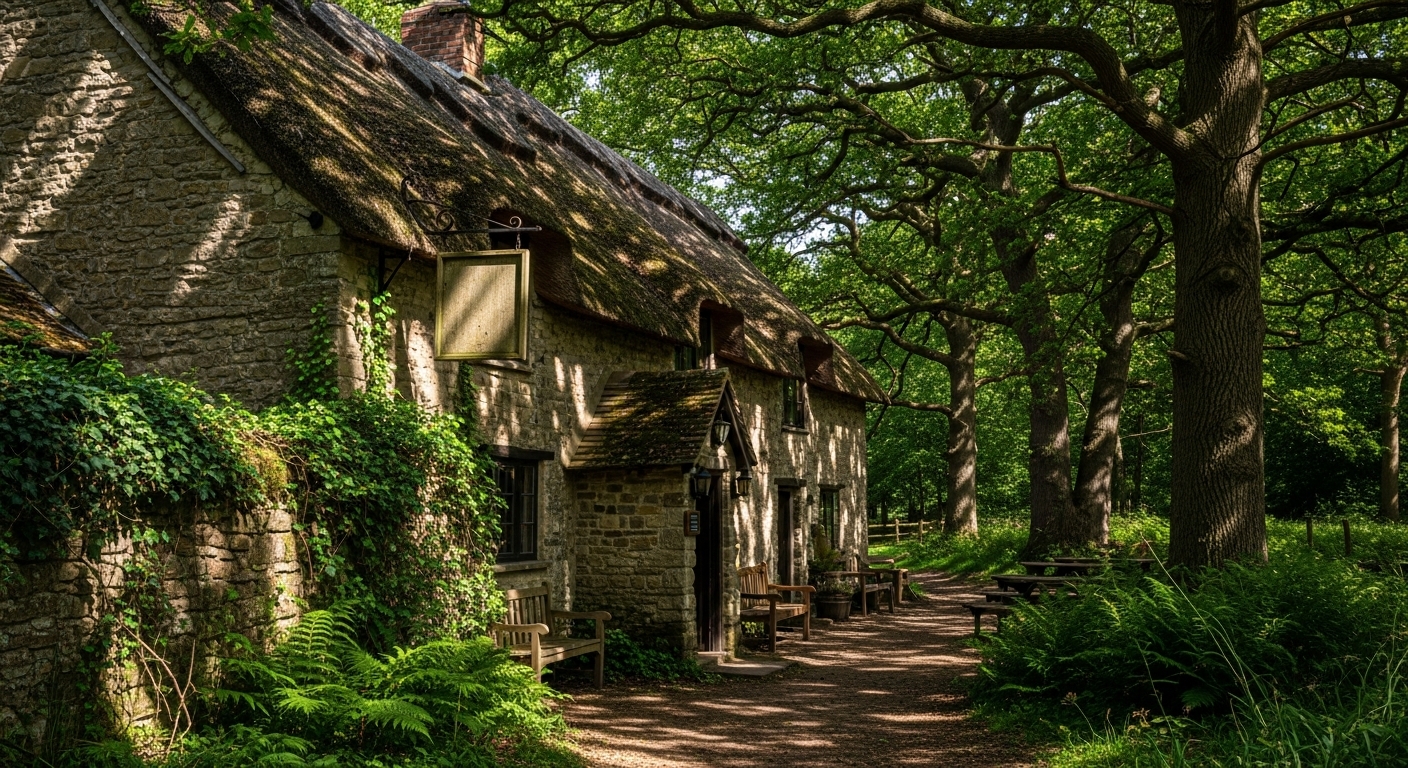 A rustic English country pub nestled in a woodland clearing in the New Forest