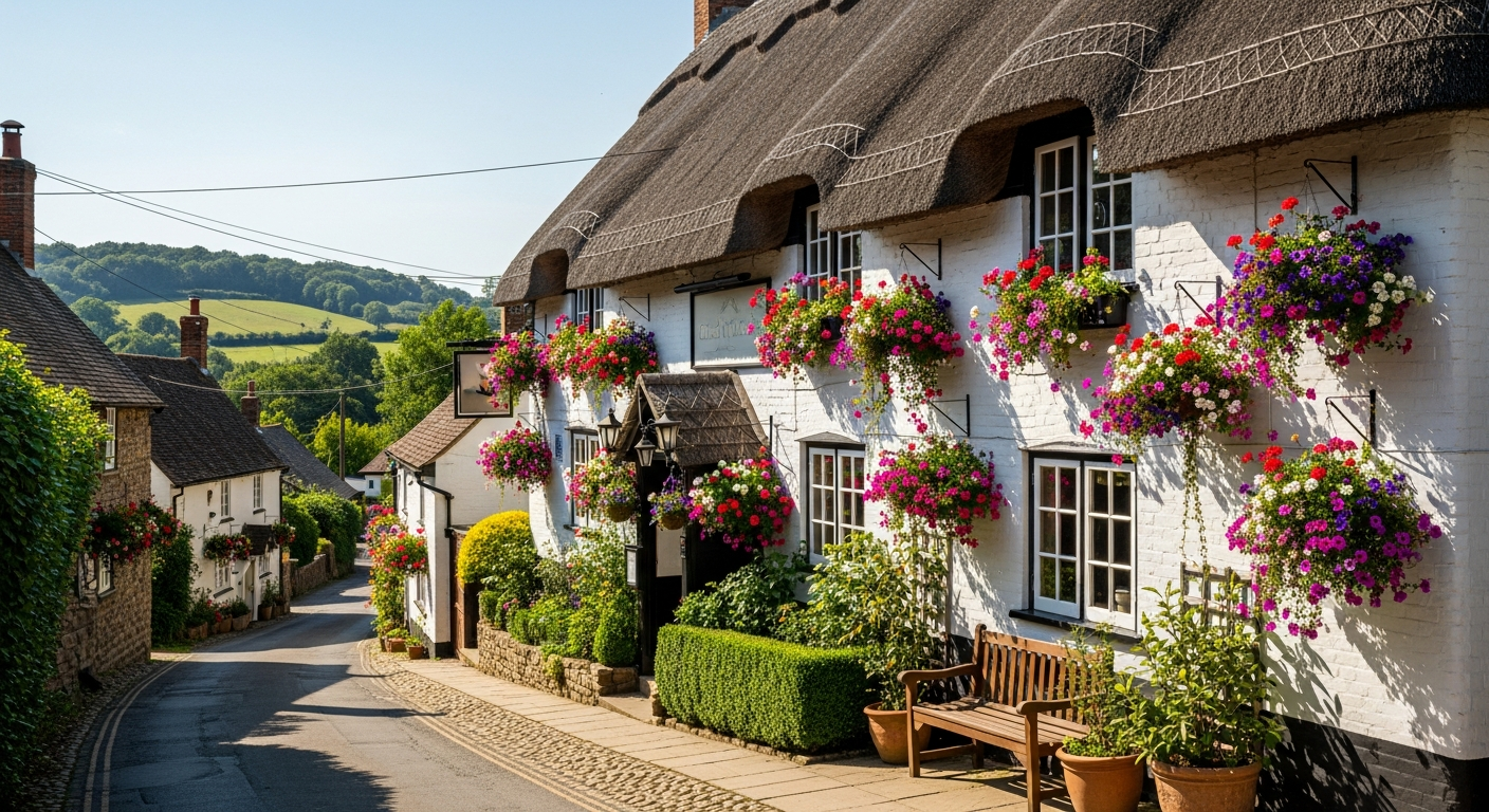 A classic thatched roof English village pub exterior with hanging flower baskets