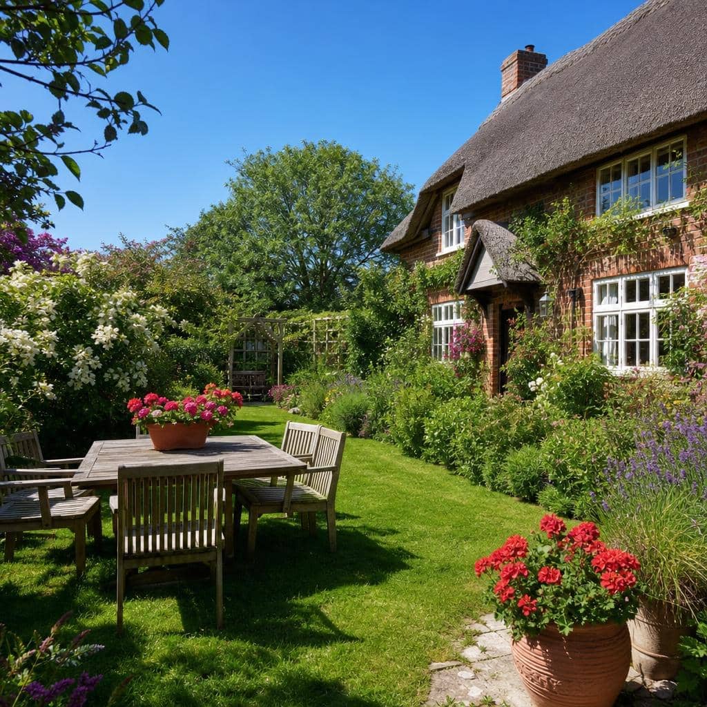 Sunny English cottage garden in summer — the heatwave conditions driving demand for air conditioning in holiday lets