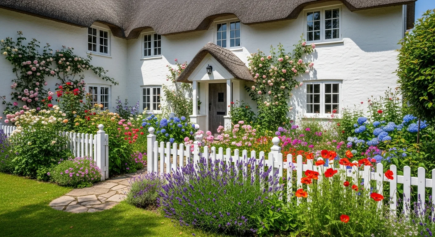 White rendered holiday cottage with picket fence garden
