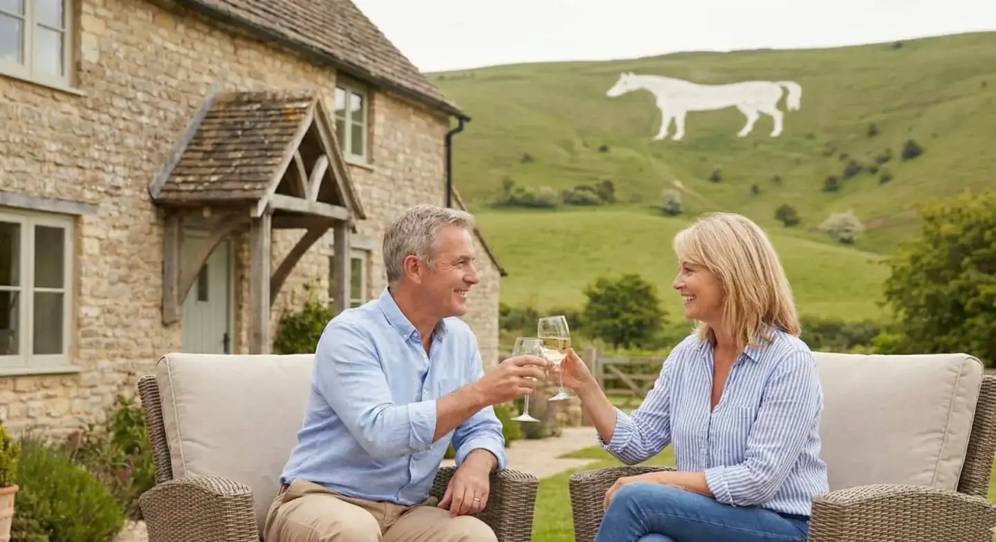 Couple outside their Wiltshire stone cottage near the White Horse