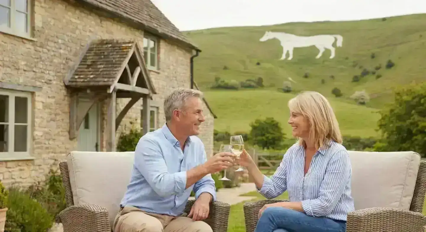 Couple relaxing in the garden of a holiday cottage with Westbury White Horse in the background